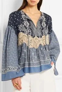 Lace-Appliqued Printed Cotton-Voile Blouse