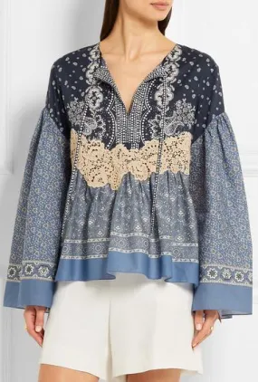 Lace-Appliqued Printed Cotton-Voile Blouse