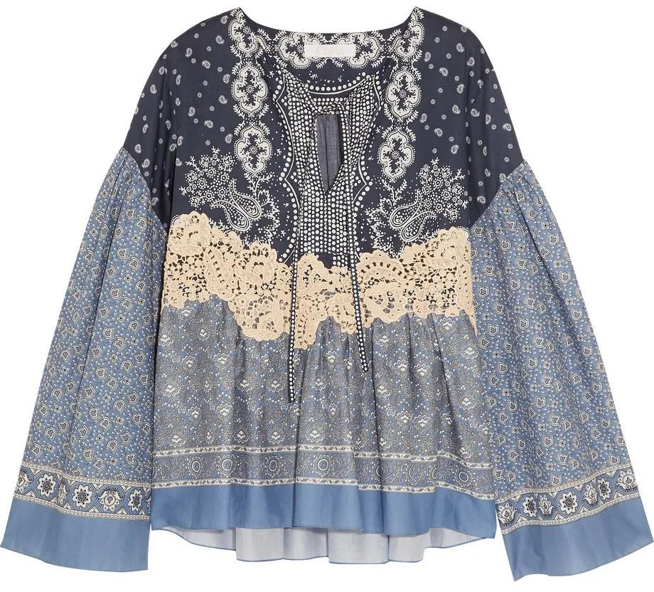 Lace-Appliqued Printed Cotton-Voile Blouse