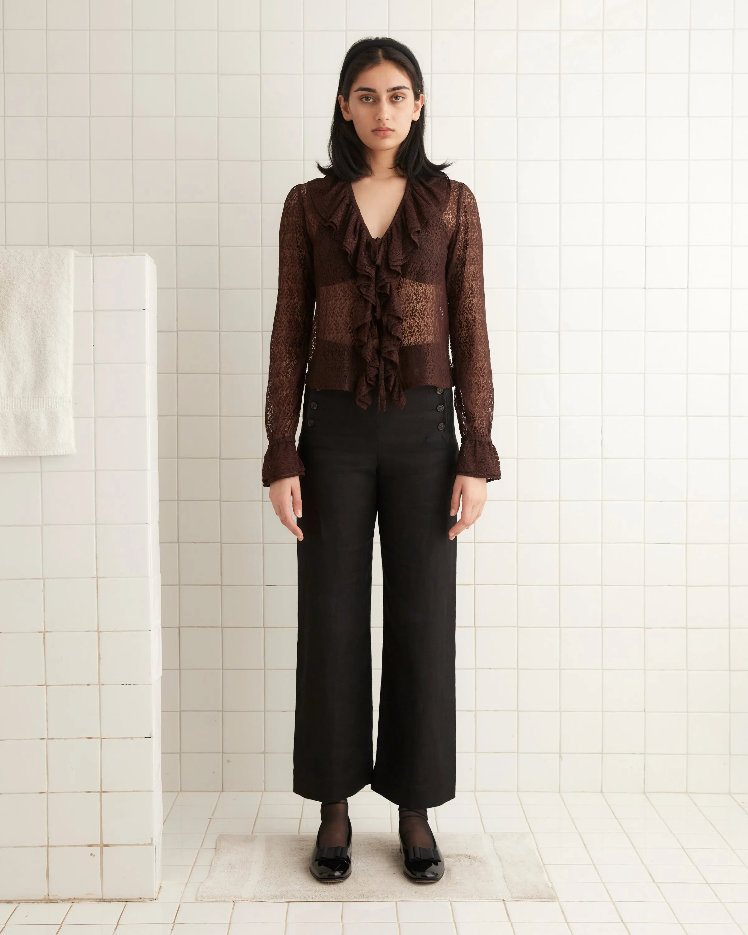 Lace Flounce Blouse - Brown/Black