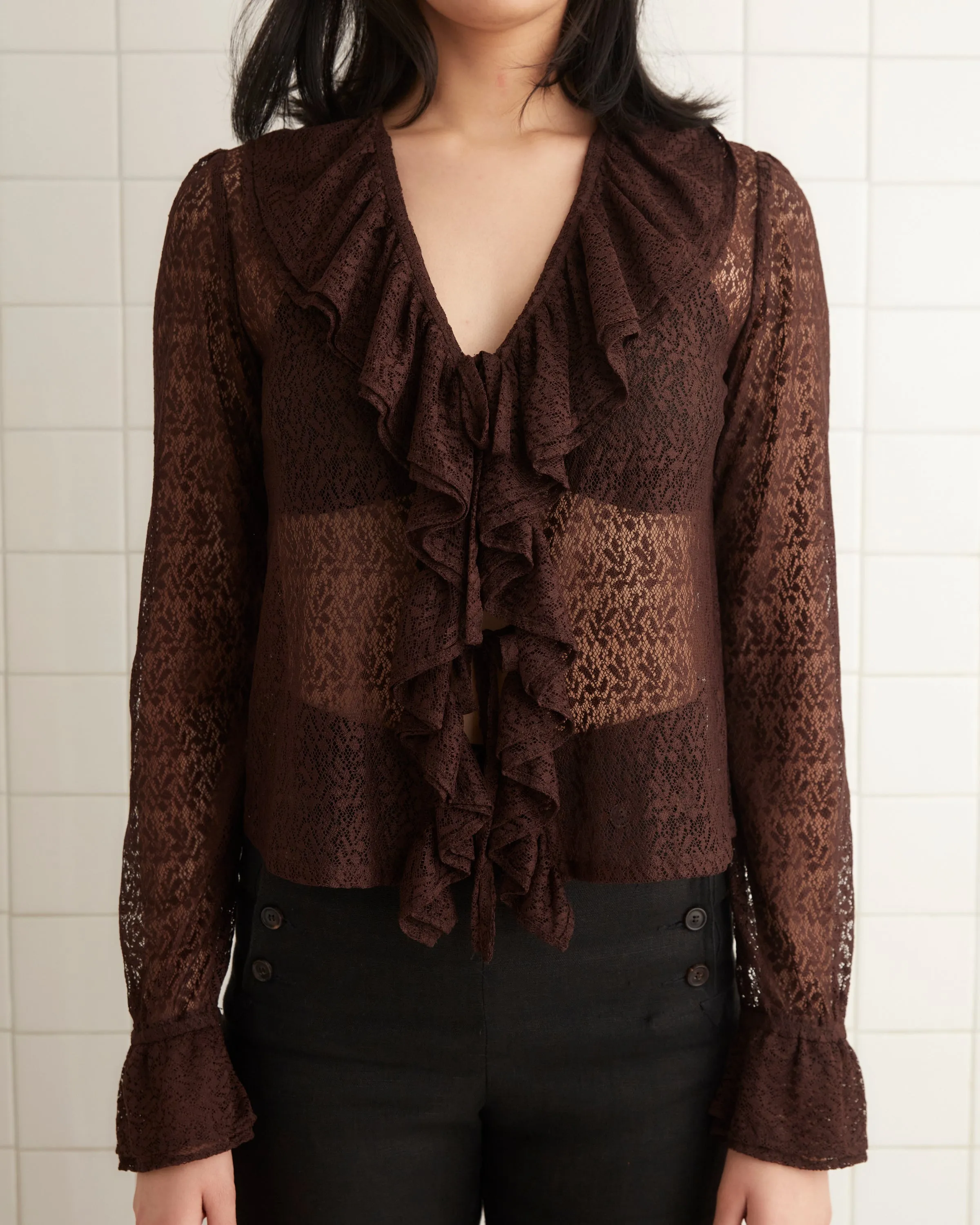 Lace Flounce Blouse - Brown/Black