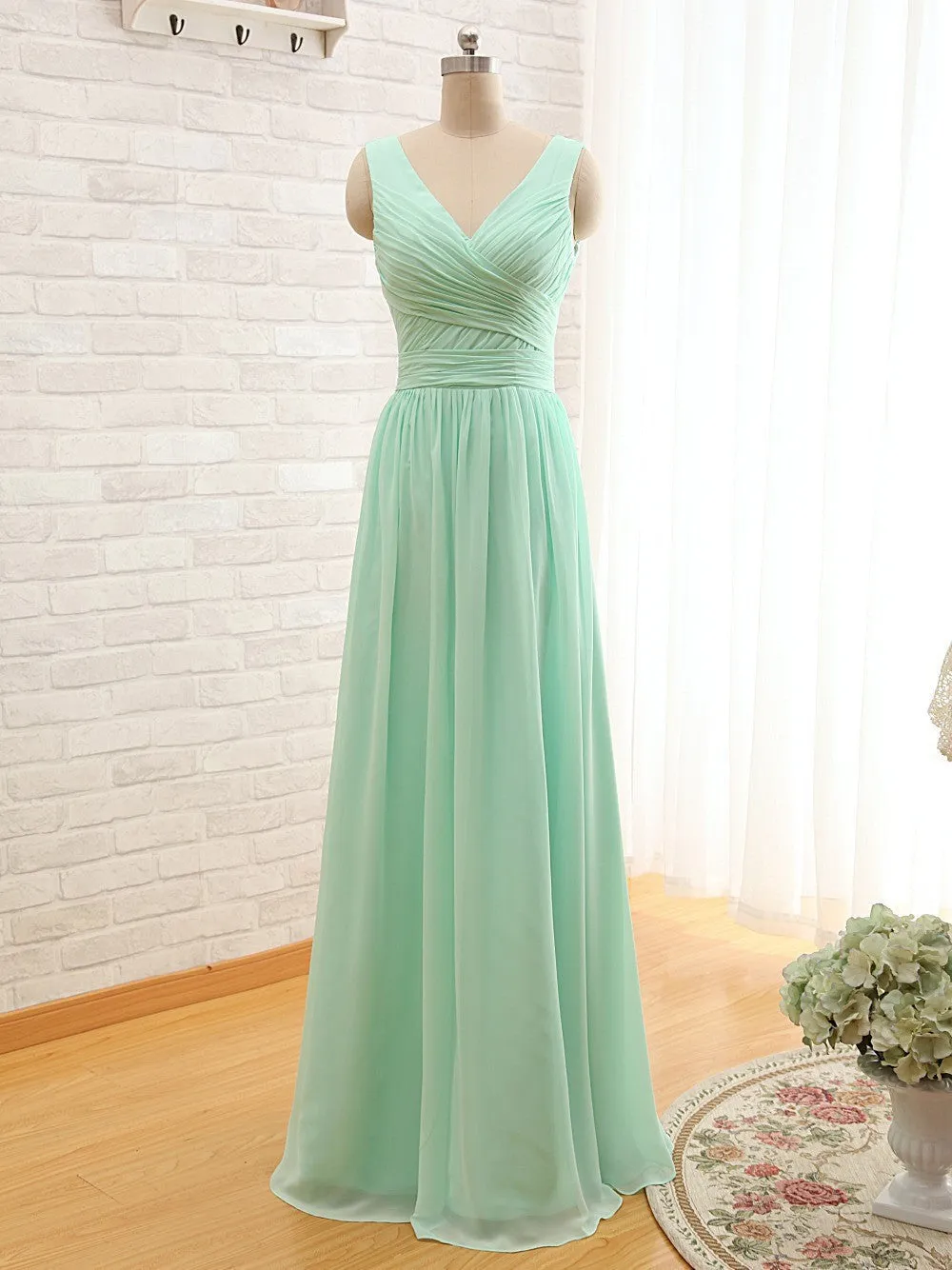 Long Chiffon V Neck Bridesmaid Dress At Bling Brides Bouquet - Online Bridal Store