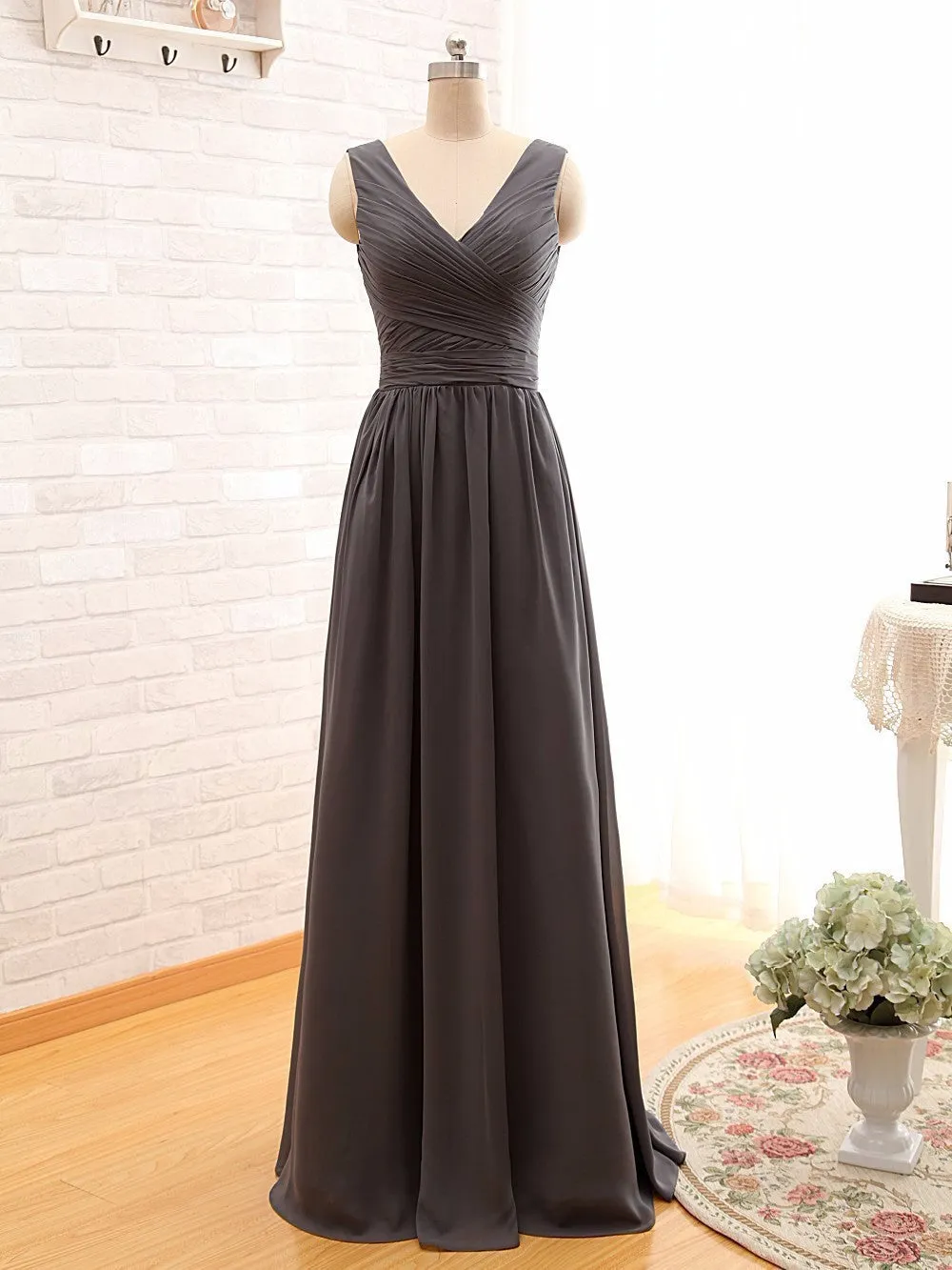 Long Chiffon V Neck Bridesmaid Dress At Bling Brides Bouquet - Online Bridal Store