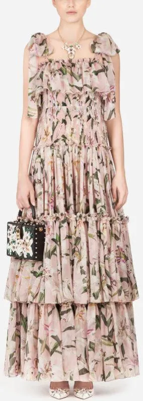 Long Lily Print Chiffon Dress