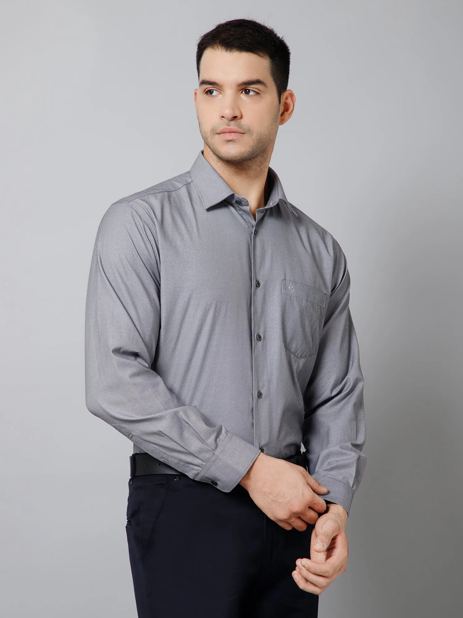 Men's Grey  Formal Self Textured Full Sleeve Shirt