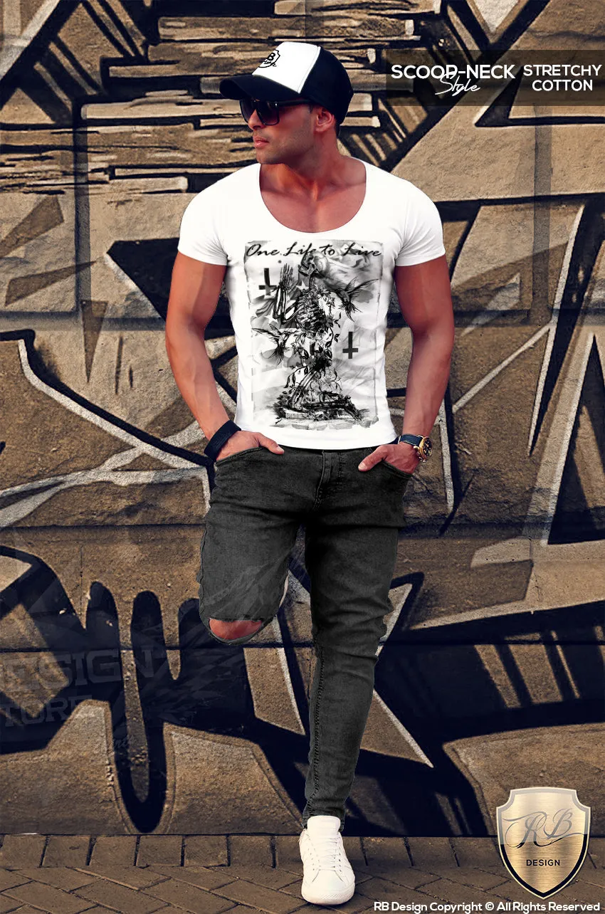 Men's Praying Skeleton T-shirt Trendy Festival Fashion Top MD685 Black