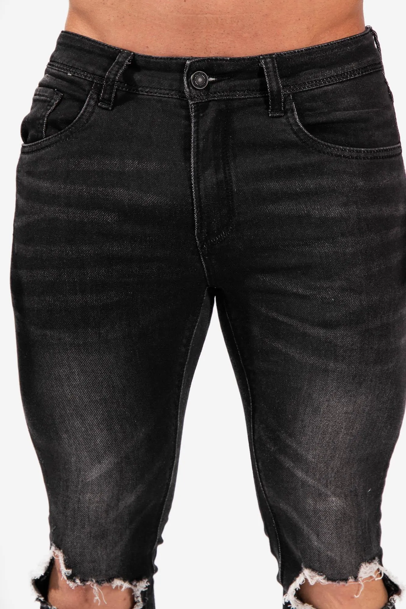 Men's Premium Fitted Stretchy Jeans - Knee Ripped Black