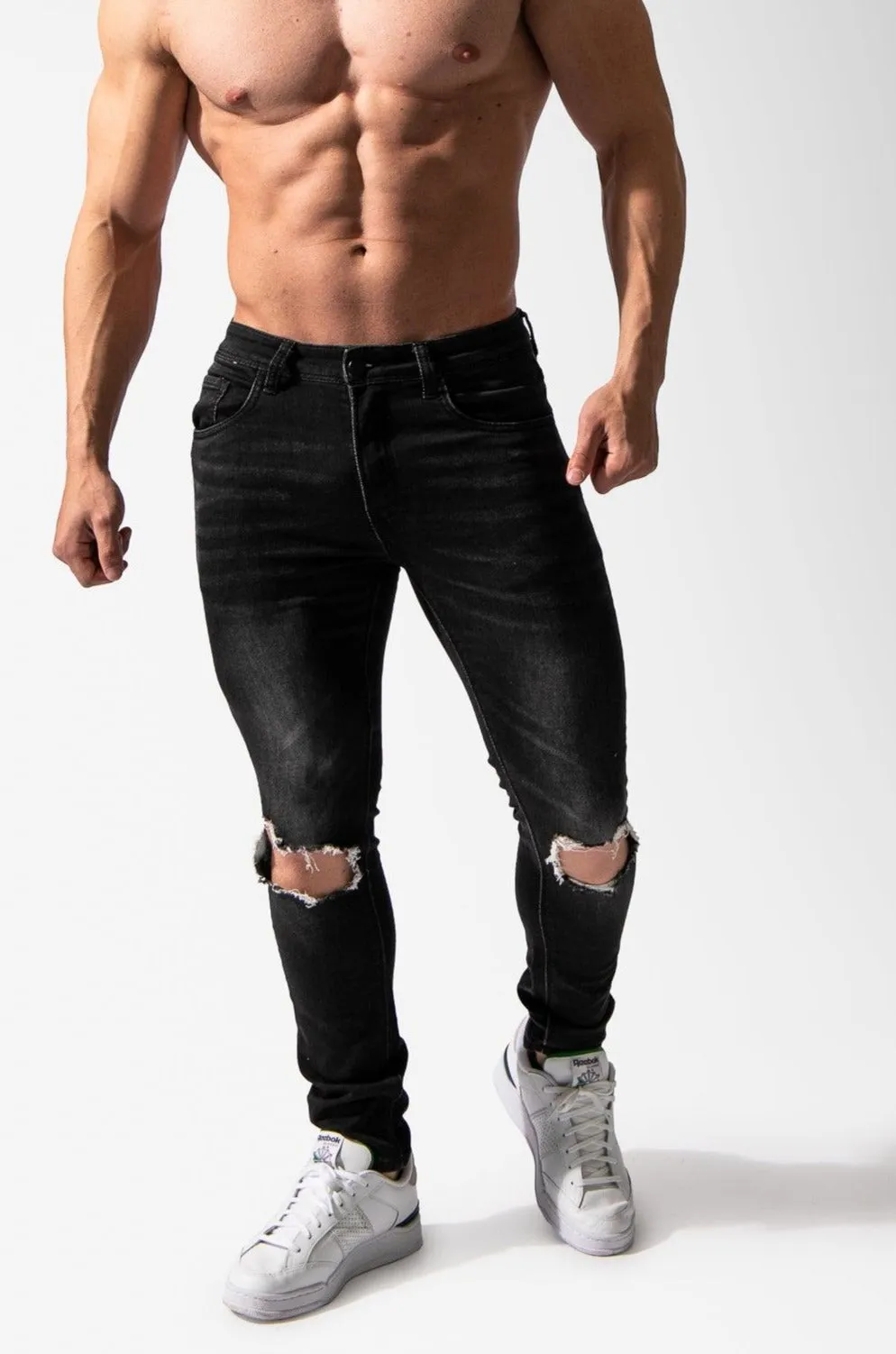 Men's Premium Fitted Stretchy Jeans - Knee Ripped Black