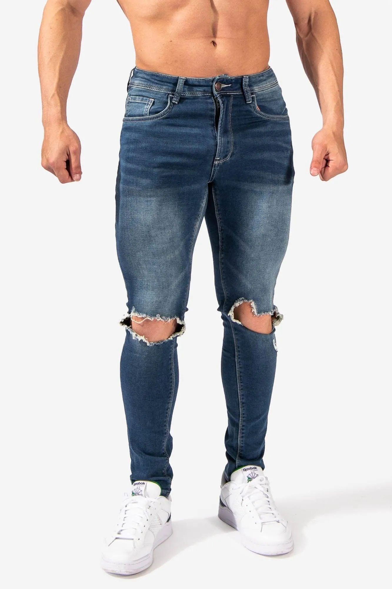 Men's Premium Fitted Stretchy Jeans - Knee Ripped Blue