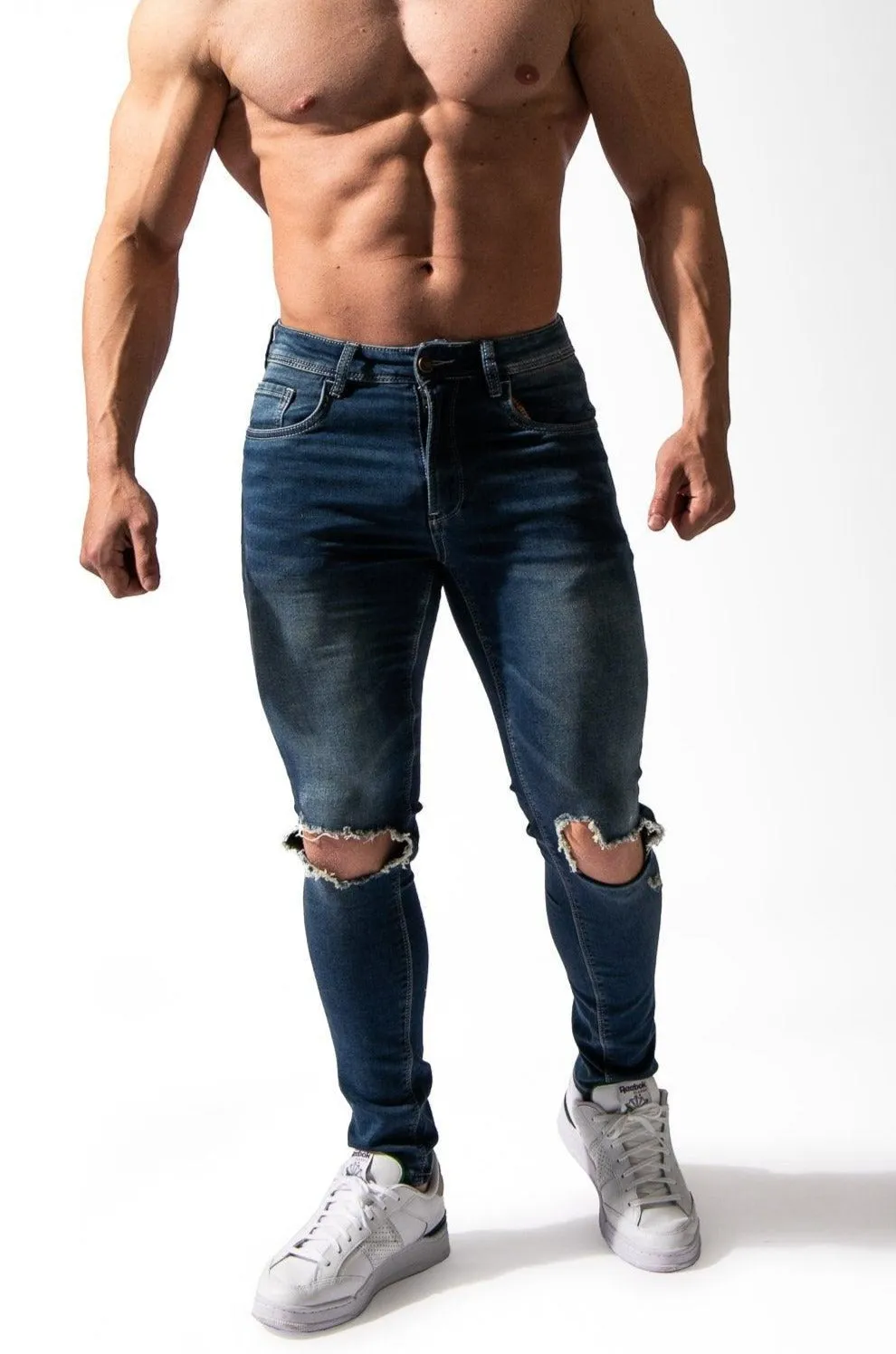 Men's Premium Fitted Stretchy Jeans - Knee Ripped Blue