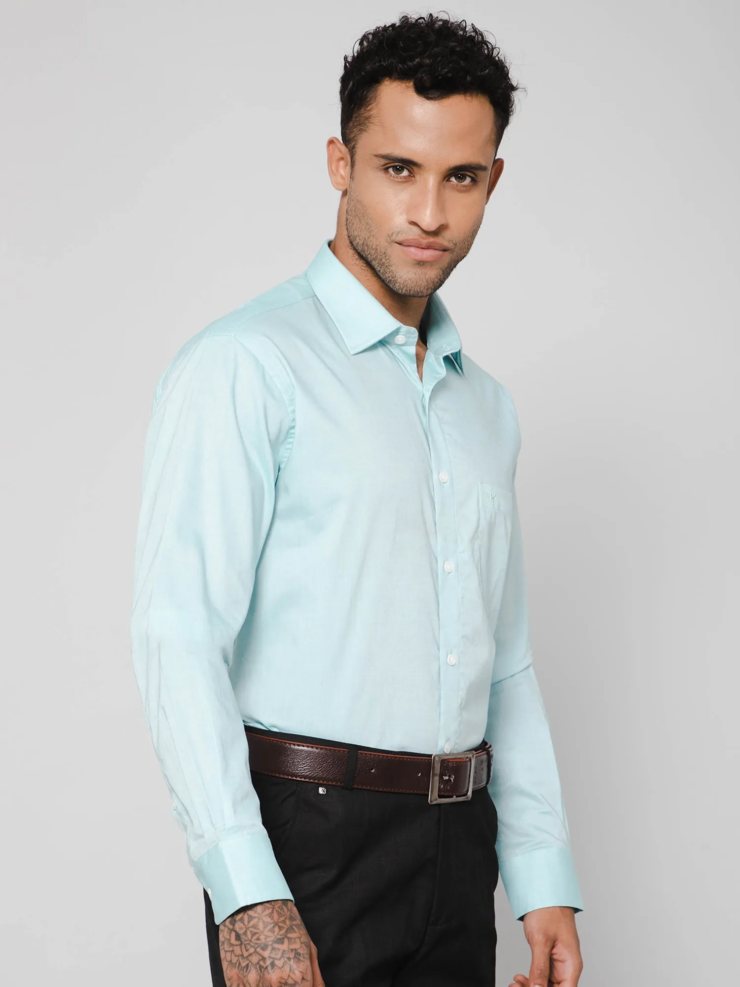 Men's Turquoise Formal Self Textured Full Sleeve Shirt