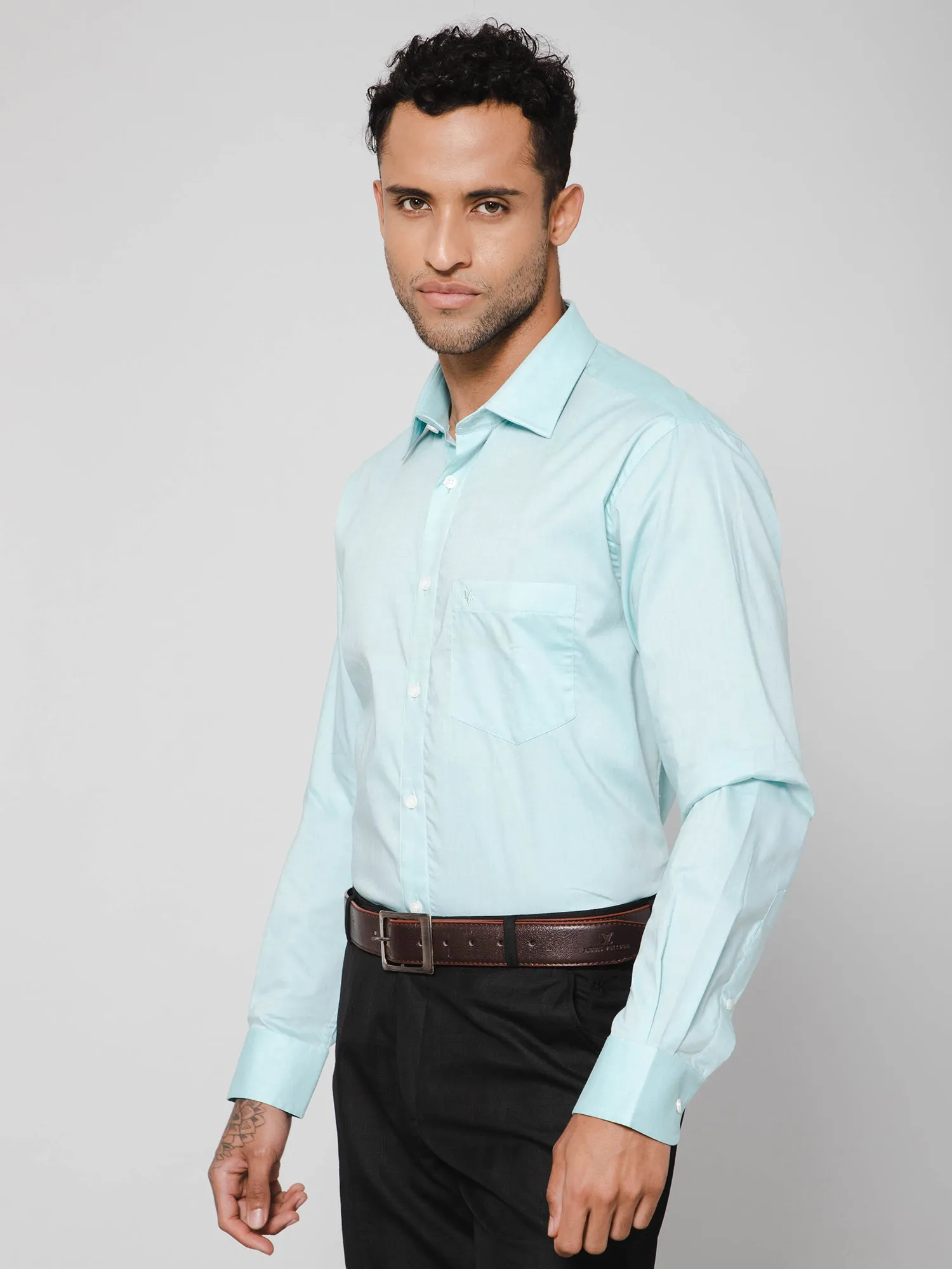 Men's Turquoise Formal Self Textured Full Sleeve Shirt