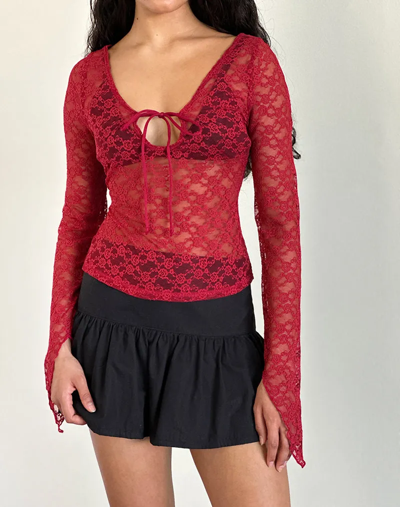 Natasha Tie Front Top in Mari Lace Red