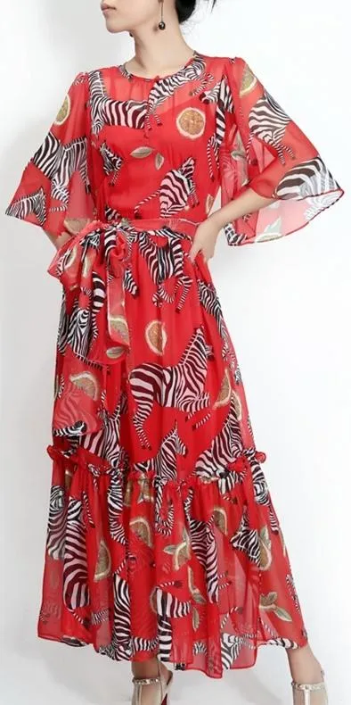 Orange & Zebra Print Chiffon Dress, Red