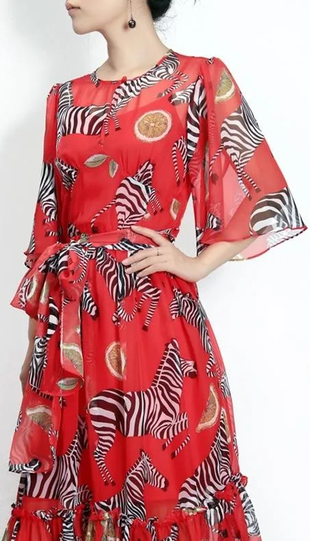 Orange & Zebra Print Chiffon Dress, Red