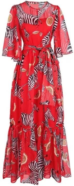 Orange & Zebra Print Chiffon Dress, Red