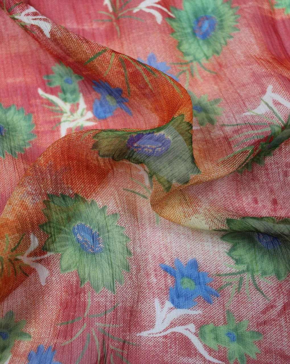 Orange And Multicolor Floral Print Polyester Chiffon Fabric