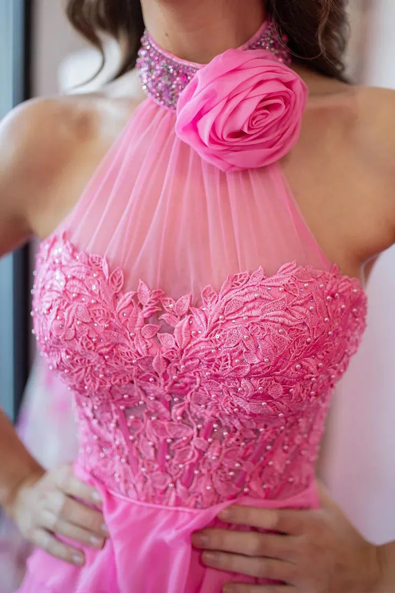 Pink Halter Tiered Chiffon Long Prom Dresses with Appliques