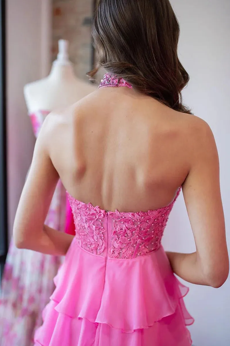 Pink Halter Tiered Chiffon Long Prom Dresses with Appliques