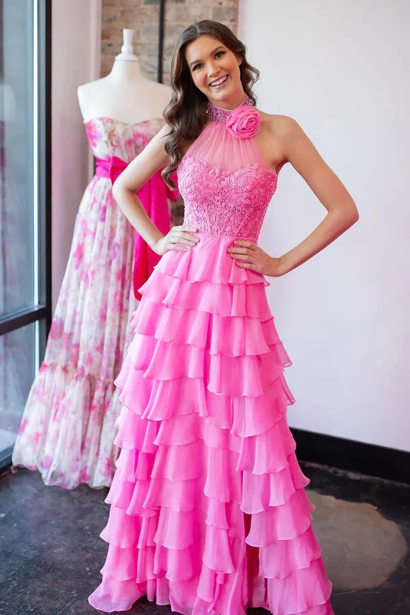 Pink Halter Tiered Chiffon Long Prom Dresses with Appliques