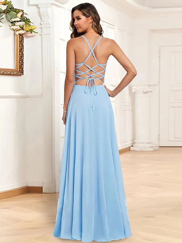 Prom Dresses Floral Dress Holiday Floor Length Sleeveless V Neck Chiffon Backless with Slit Appliques