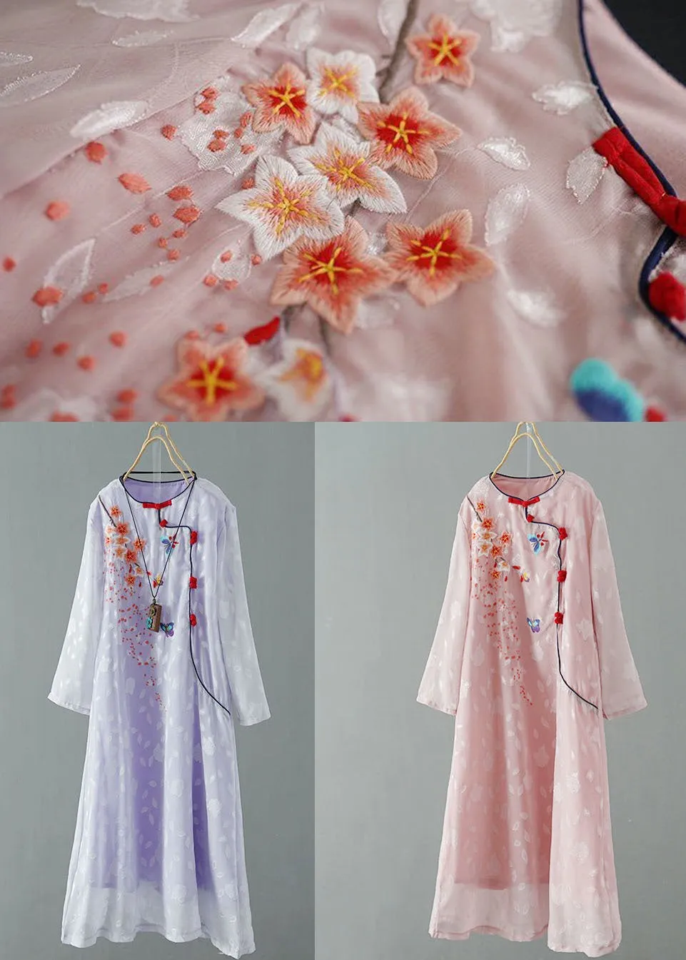 Purple Patchwork Chiffon Dresses Embroideried Chinese Button Spring LY1721