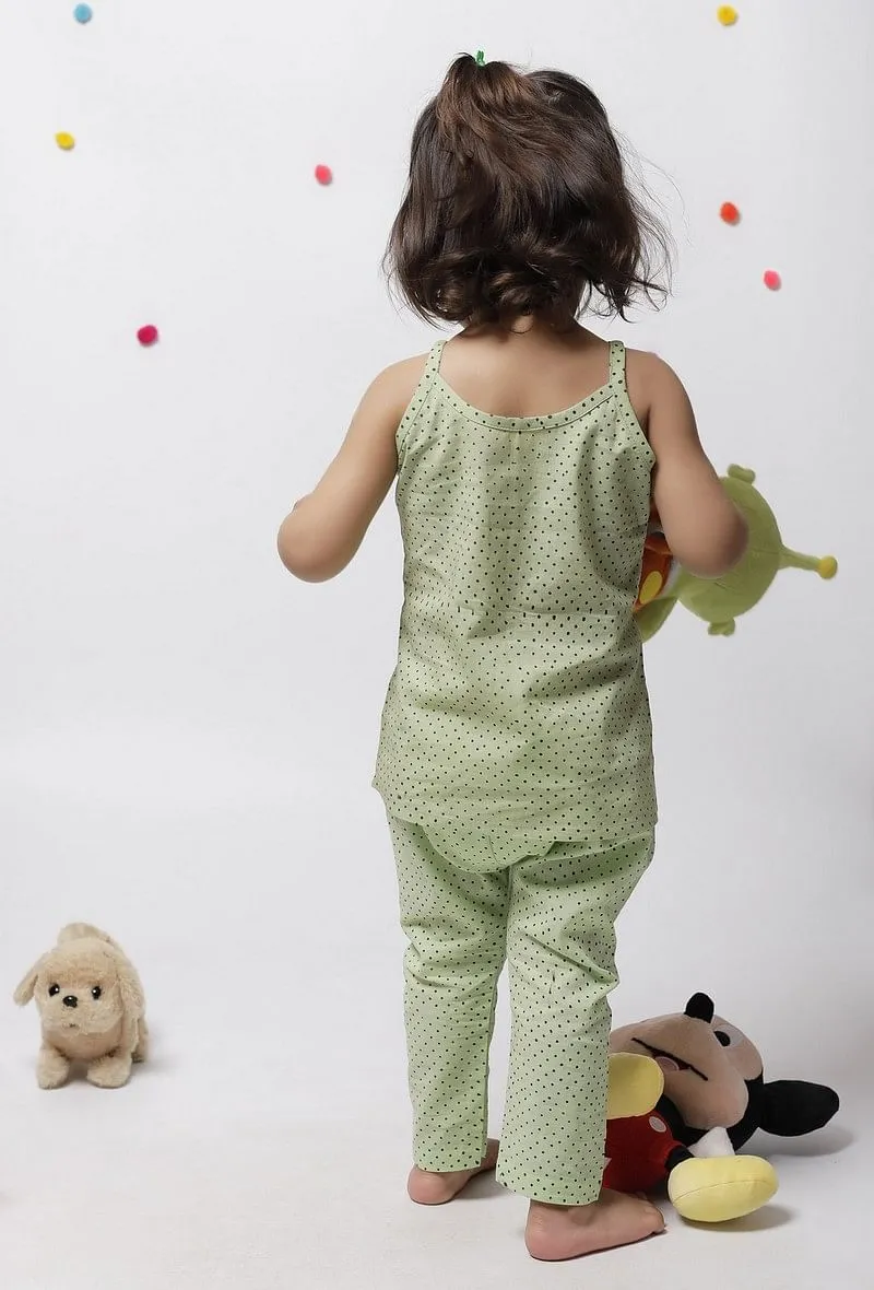 Set of 2: Aileana Green Cotton Handblock Printed Polka Dots Slip and Polka Dot Handblock Cotton Elastic Pants