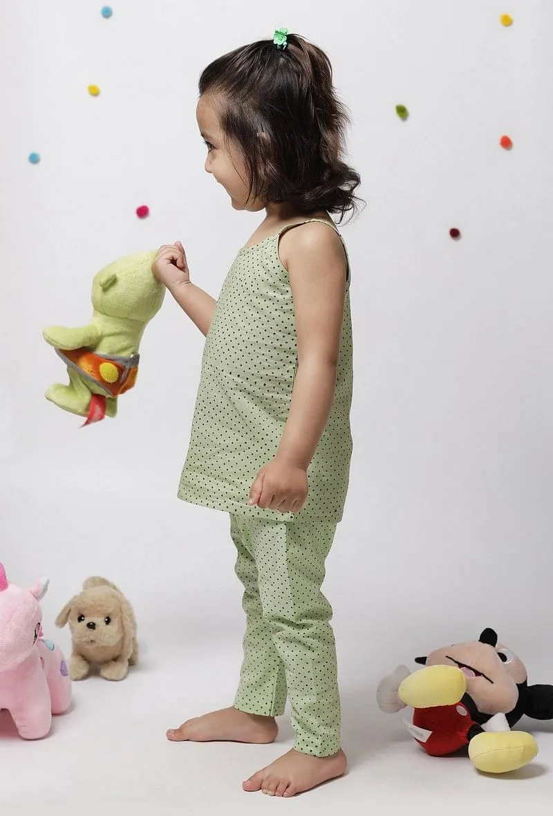 Set of 2: Aileana Green Cotton Handblock Printed Polka Dots Slip and Polka Dot Handblock Cotton Elastic Pants