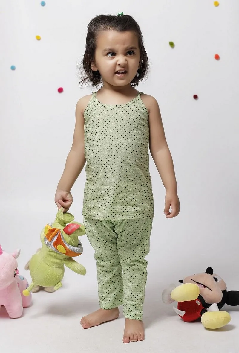 Set of 2: Aileana Green Cotton Handblock Printed Polka Dots Slip and Polka Dot Handblock Cotton Elastic Pants