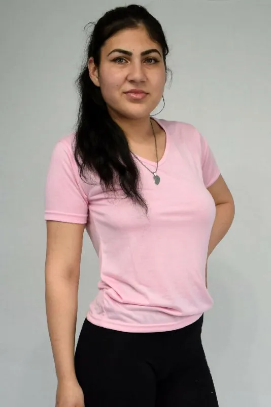 Short-Sleeved V Neck Women's T Shirt in Dark Pink