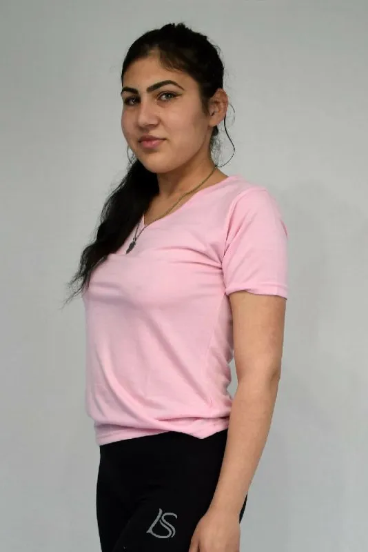 Short-Sleeved V Neck Women's T Shirt in Dark Pink