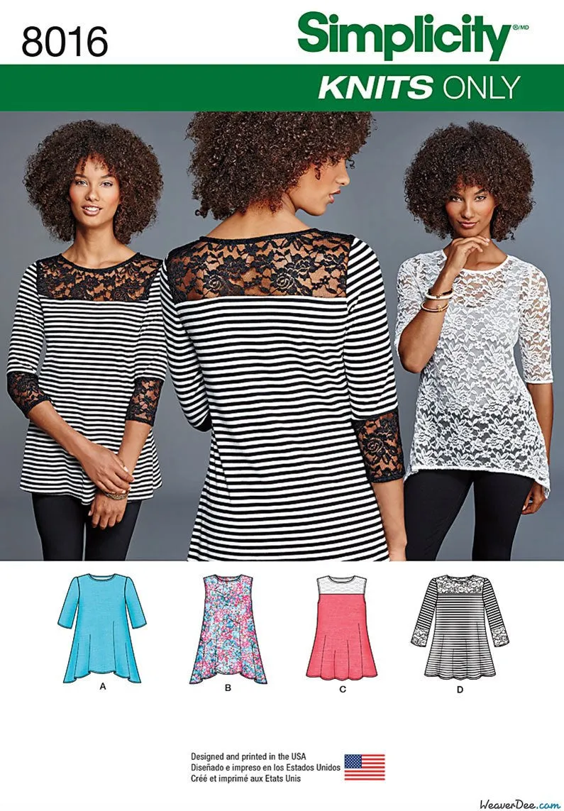 Simplicity Pattern S8016 Misses' Knit Tops with Lace Variations