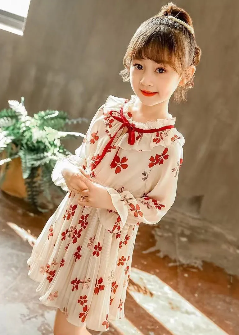 Stylish Red Ruffled Print Lace Up Chiffon Girls Dresses Flare Sleeve XZ098