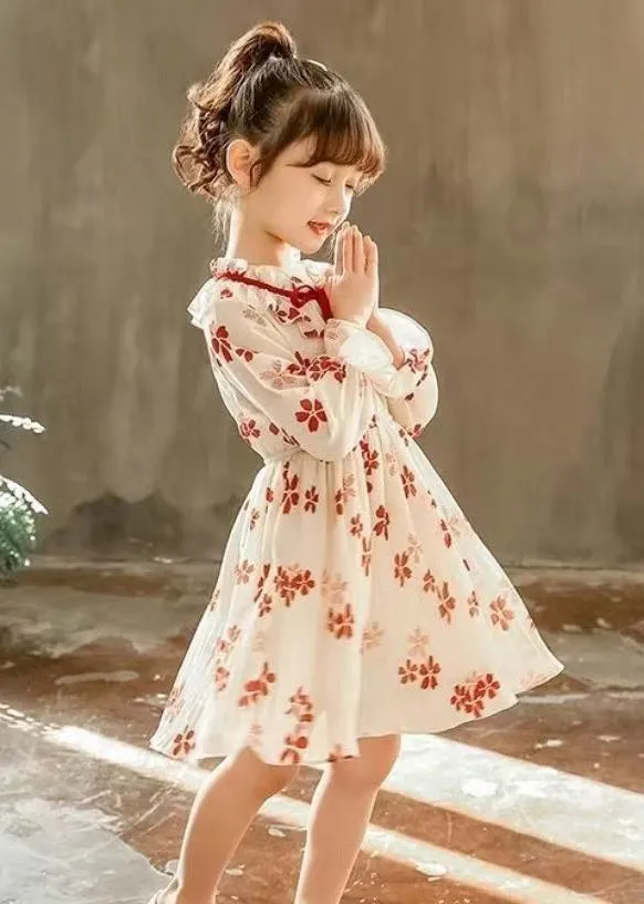 Stylish Red Ruffled Print Lace Up Chiffon Girls Dresses Flare Sleeve XZ098