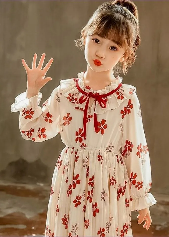 Stylish Red Ruffled Print Lace Up Chiffon Girls Dresses Flare Sleeve XZ098