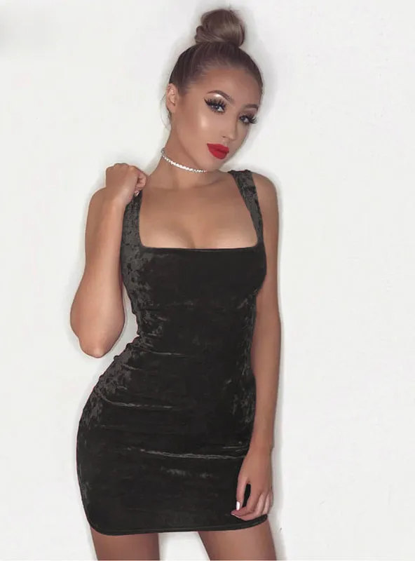 TastyHottie - Velvet Vest Dress Sexy Women Square Collar Backless Dress