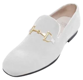 White Velvet Men's Dress Loafer Slip-On with Gold Buckle Made By Royal Shoes