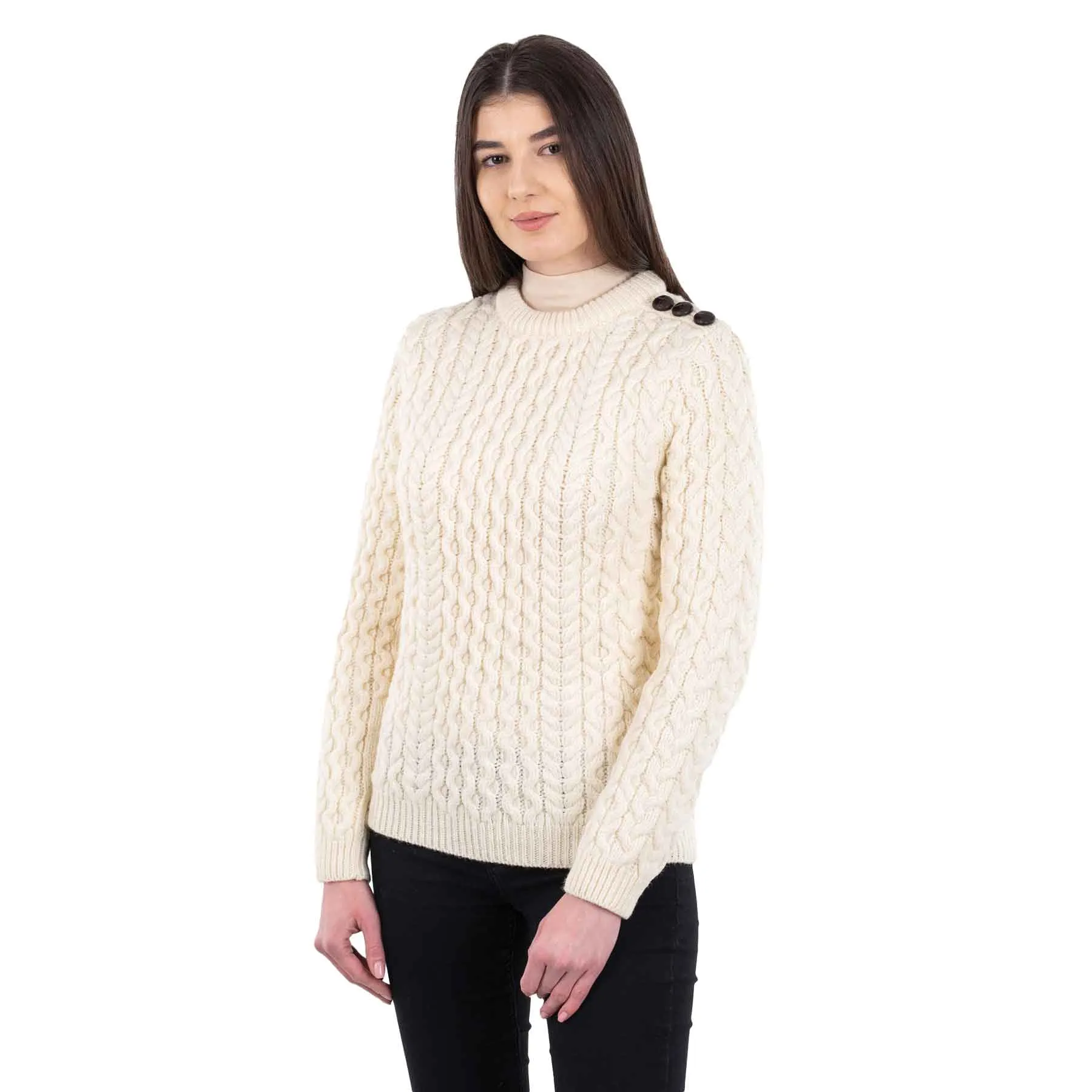 Women's Aran Knit Side Button Sweater, Natural